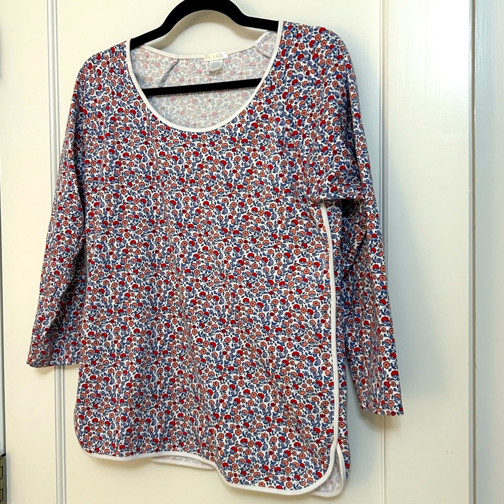 LAKE Pajama Top Shirt Red White Floral Long Sleeve Pima Cotton Size Large